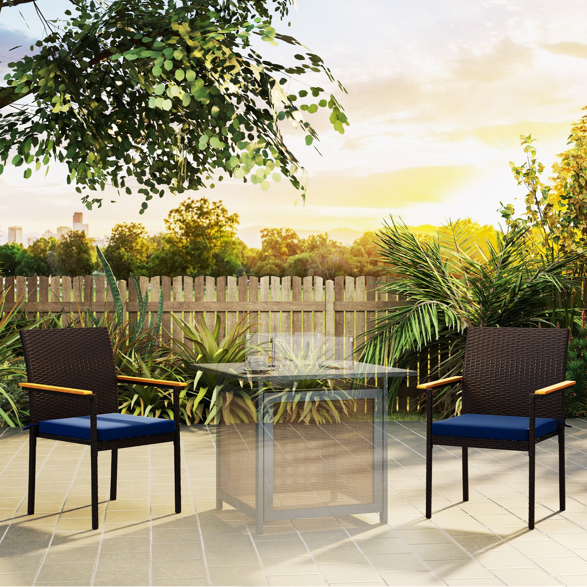 Set of 2 wicker patio chairs with dark frame and blue seat cushions