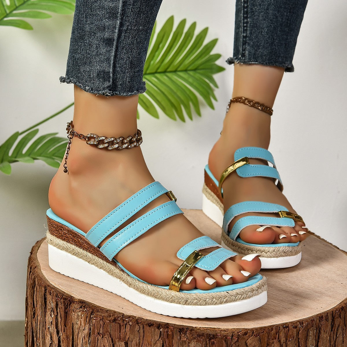 Colorblock-strap Wedges Sandals Summer Fashion Hemp Heel Slides Slippers Outdoor Thick Bottom Fish Mouth Shoes For Women Colorblock-strap Wedges Sandals Summer F | Ectron Online