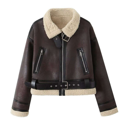 Wear Fur Integrated Lapel Thickening Warm Double-sided Casual Short Jacket Coat