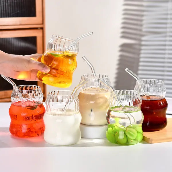6 Pcs 19oz Striped Cloud Glass Straw Cups - Multi-Purpose Drinkware Set