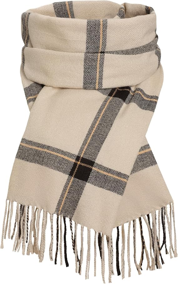 Cream plaid scarf with dark check pattern and long tassel fringe