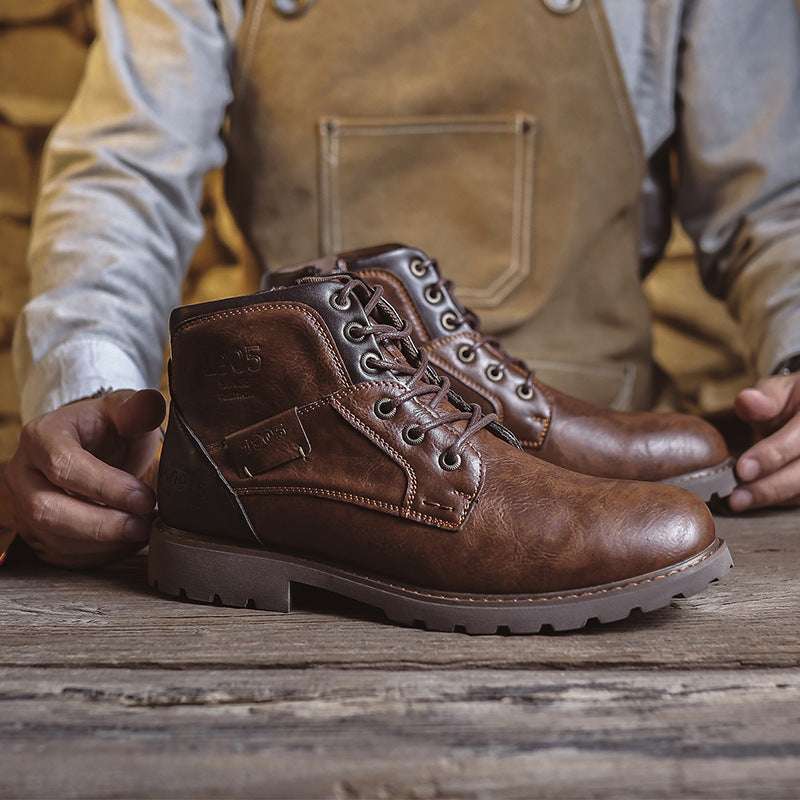 Retro British Leather Boots – Men’s Lace-Up, Warm & Non-Slip Retro British Style Leather Boots | Ectron Online