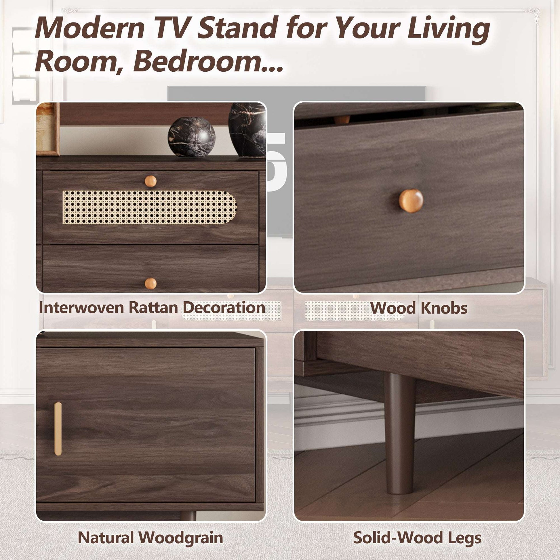 Dark brown TV stand with rattan-front drawer panels, wood knobs, and solid legs