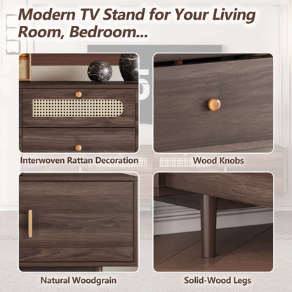 Dark brown TV stand with rattan-front drawer panels, wood knobs, and solid legs