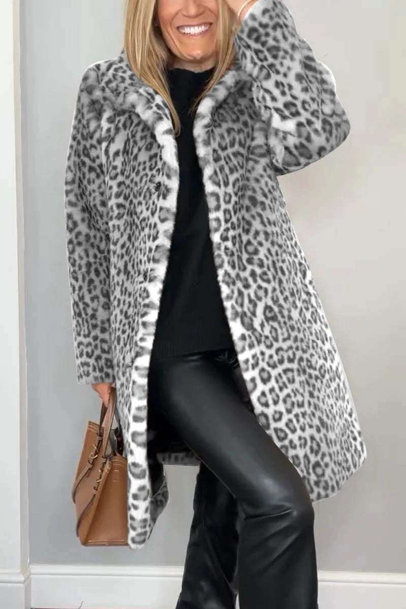 Cozy Leopard Print Mid-Length Coat Fall Winter Leopard Print Plush Mid-leng | Ectron Online