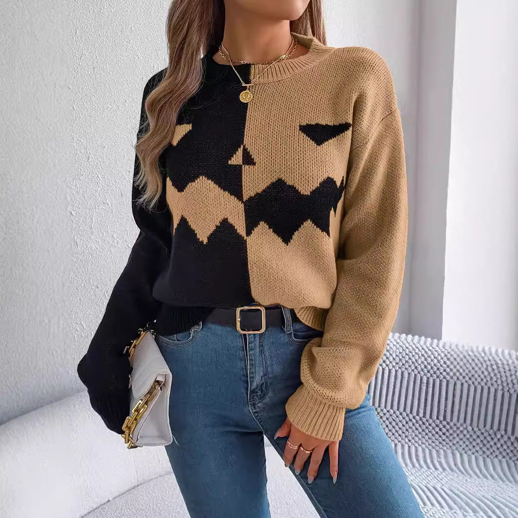 Women's Halloween Contrast-Color Sweater Halloween Contrast-color Pullover Sweate | Ectron Online