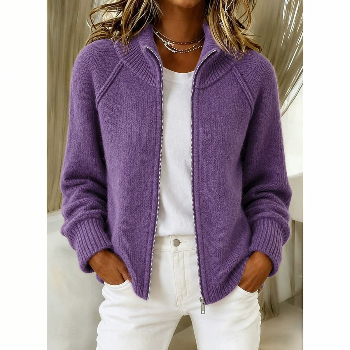 Purple knitted cardigan with stand collar and front zipper, ribbed hem and long sleeves