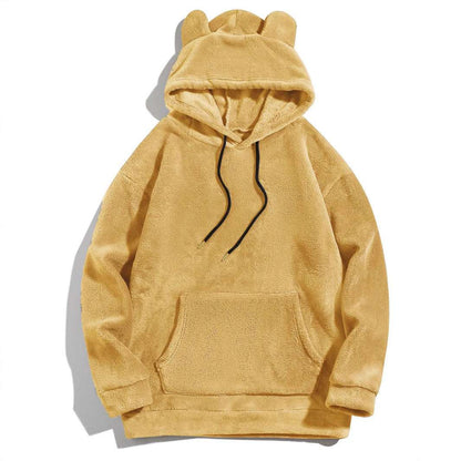 Tan fleece hoodie with bear-ear hood, front kangaroo pocket, drawstring ties