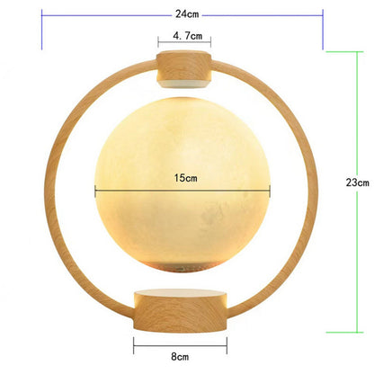 Floating moon lamp size diagram, glowing ring, wood base, spherical moon