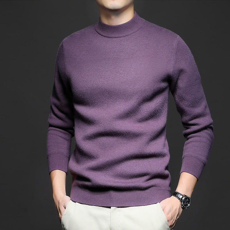 Men's worsted knit sweater, crew neck, long sleeves, dark purple