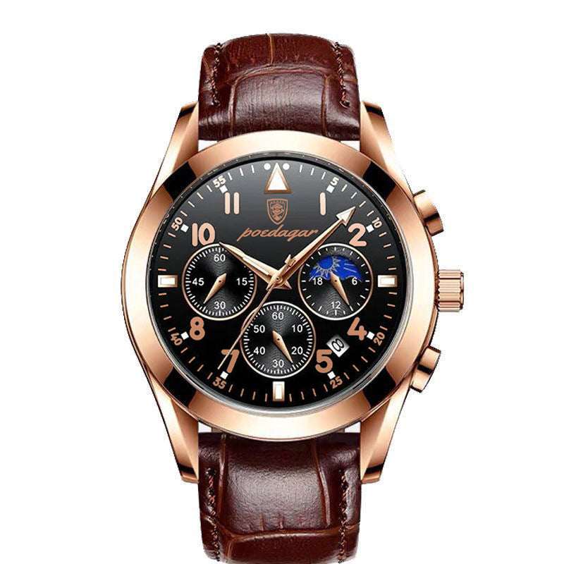 Men's wrist watch with rose-gold-tone case and black dial, brown leather strap