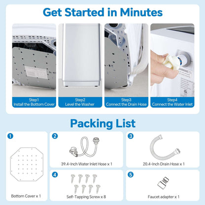 Washing machine setup guide graphic with installation steps and packing list