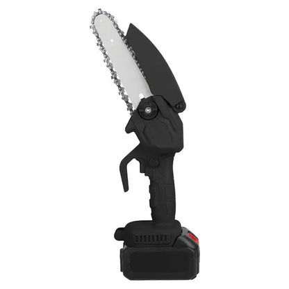 Black cordless mini electric chainsaw with bar and chain, side handle grip