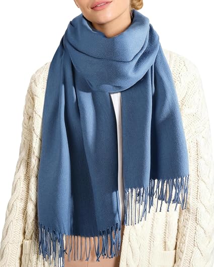Women's soft wrap shawl scarf, solid blue with fringe ends