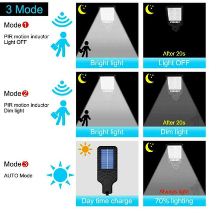 Black solar street light with illuminated lamp face and mode control panel