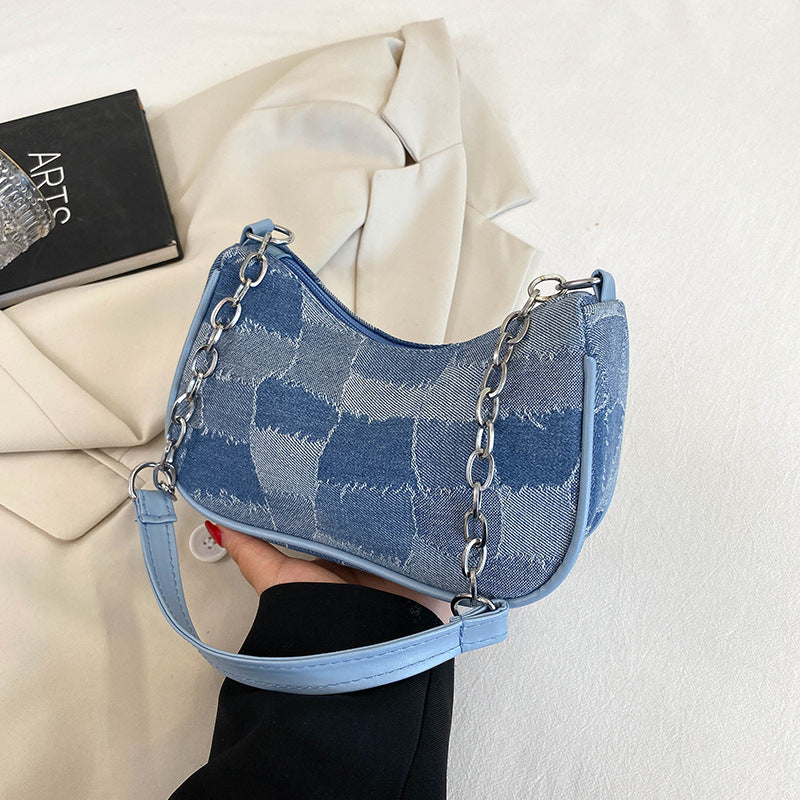 Denim Shoulder Bag Simple Plaid Patchwork Underarm Bag Women