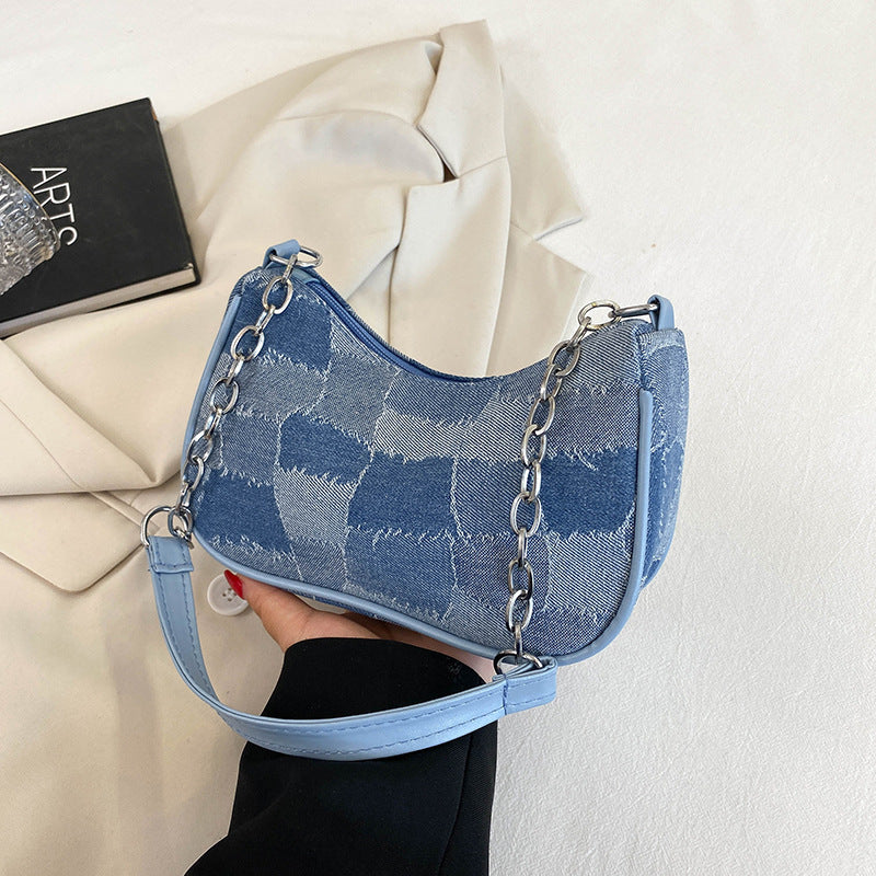 Denim Shoulder Bag with Plaid Patchwork Denim Shoulder Bag Simple Plaid Patchwor | Ectron Online