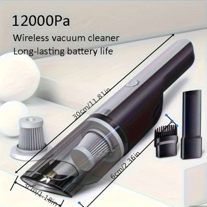 Silver and black wireless handheld vacuum with brush and extension attachments