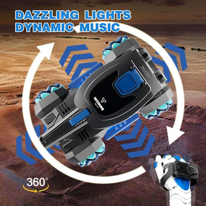 RC stunt tank toy with blue-accented wheels; angled close-up view