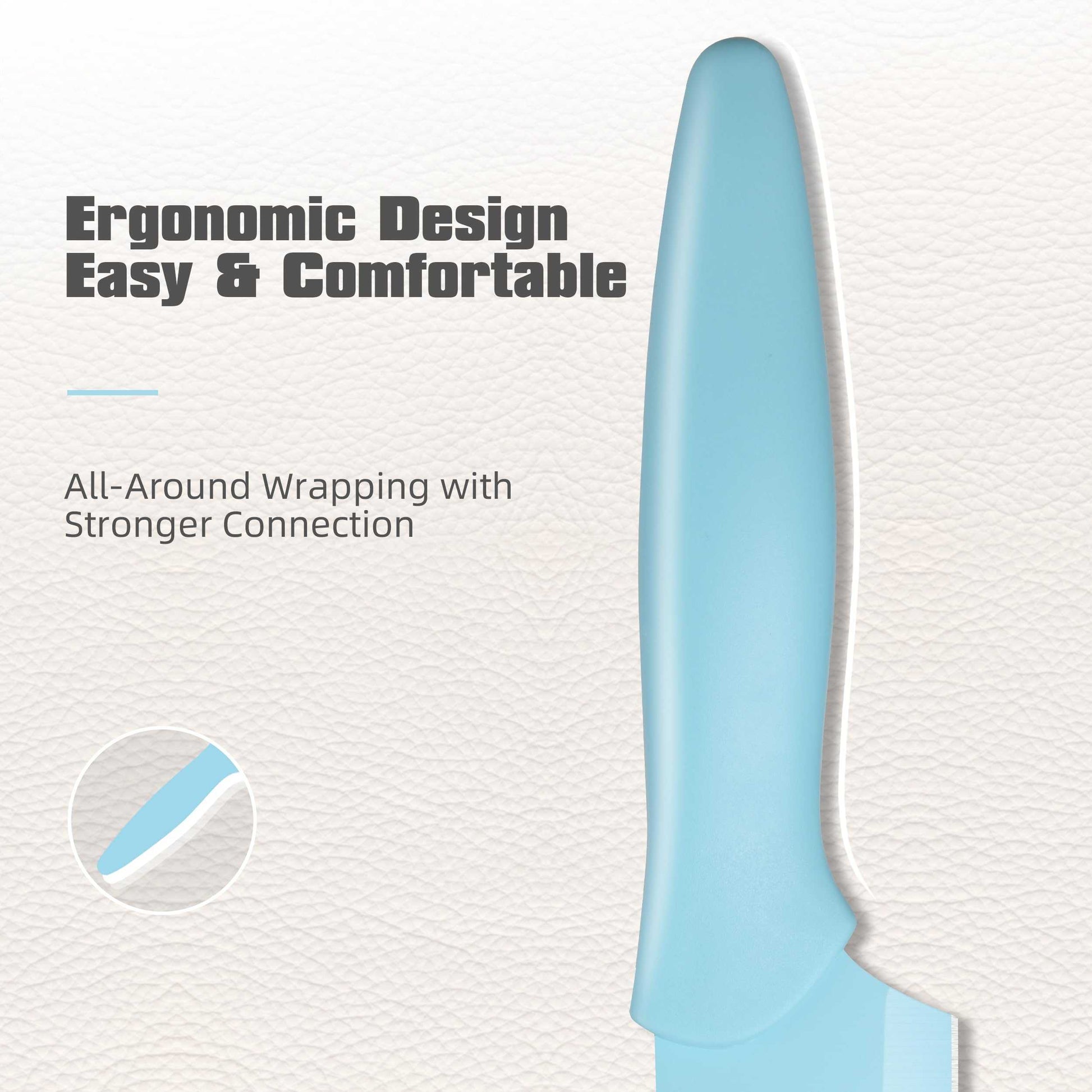 Light blue kitchen knife with ergonomic handle, close-up