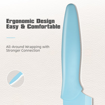 Blue chef knife with ergonomic handle, close-up on blade and grip