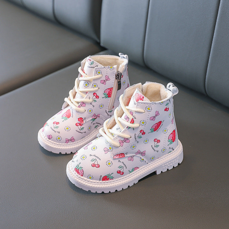 Girls' lace-up ankle boots in light pink with colorful fruit patterns and cream lining
