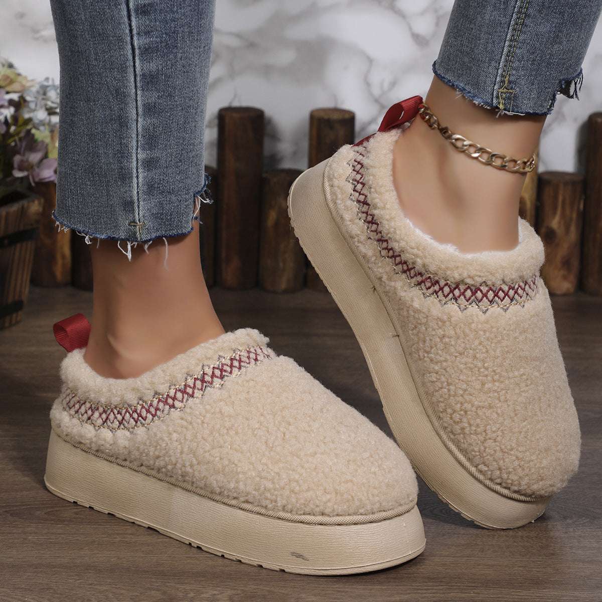 New Ethnic Plush Slippers – Thick Sole Warm Winter Shoes New Ethnic Style Sewing-edge Plush Slipp | Ectron Online