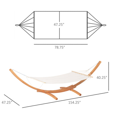 White hammock bed with arched wooden stand, rope suspension, and size diagram