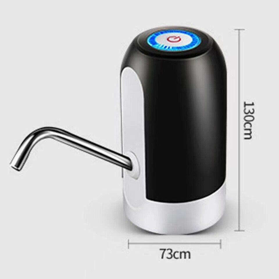 Electric water bottle dispenser dimensions view, white and black body with spout