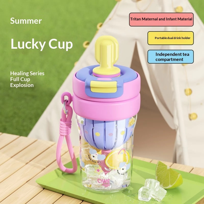 Kids portable drinking cup with straw, clear body, pink/purple lid, handle strap, cute prints