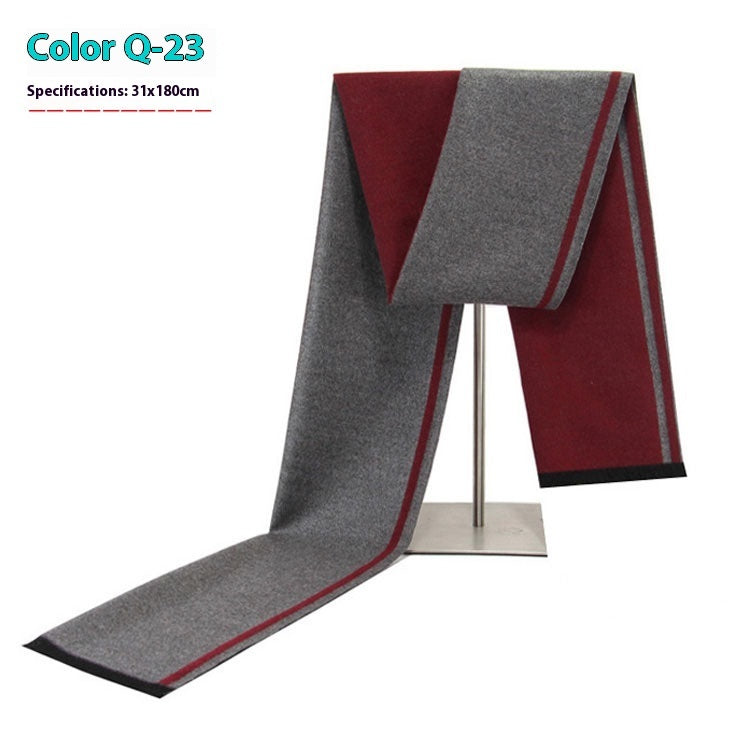 Gray and red scarf on a stand with specifications displayed.
