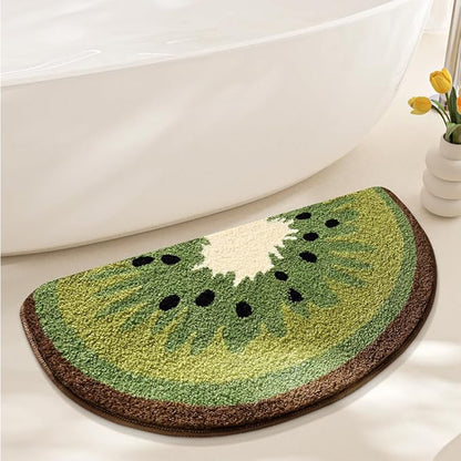 Kiwi fruit bath rug, green semicircle with white center and black seeds, brown border
