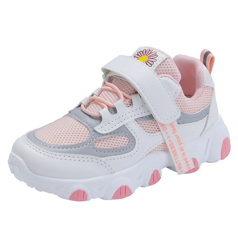 Girls' mesh sneakers in white with blush and pastel pink accents, chunky sole