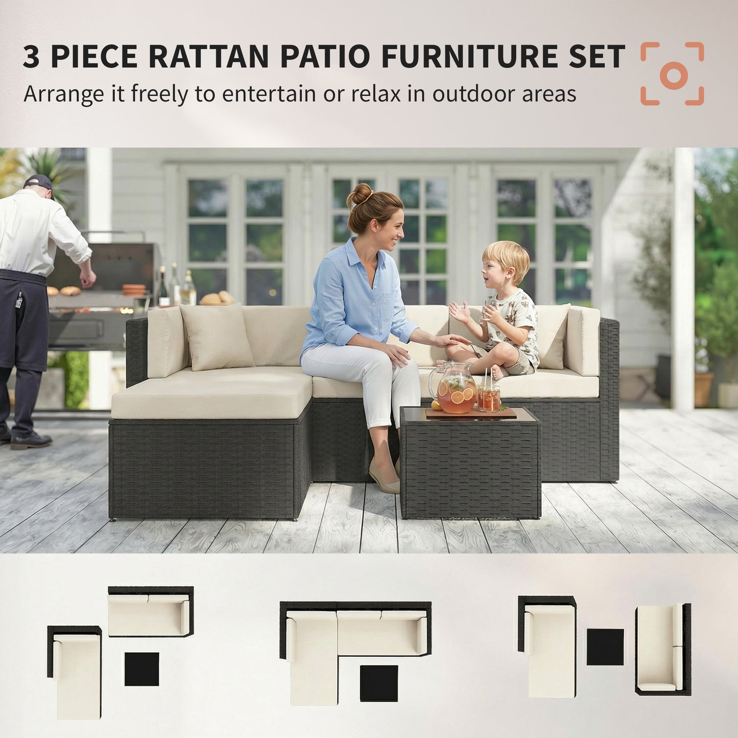 3-Piece Wicker Outdoor Patio Conversation Set - Beige