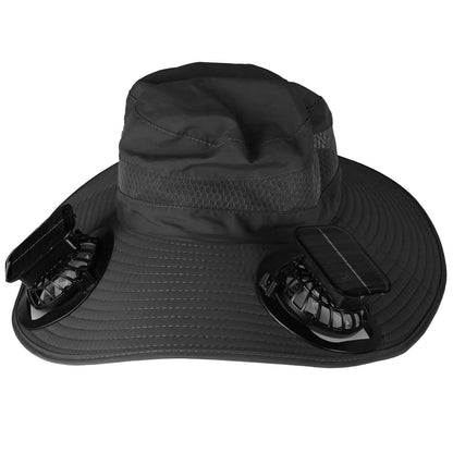 Solar powered sun hat with dual fan vents, black; wide brim and raised crown