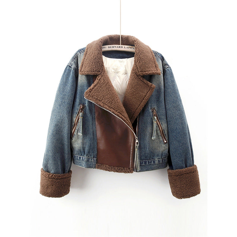 Denim jacket with brown trim 