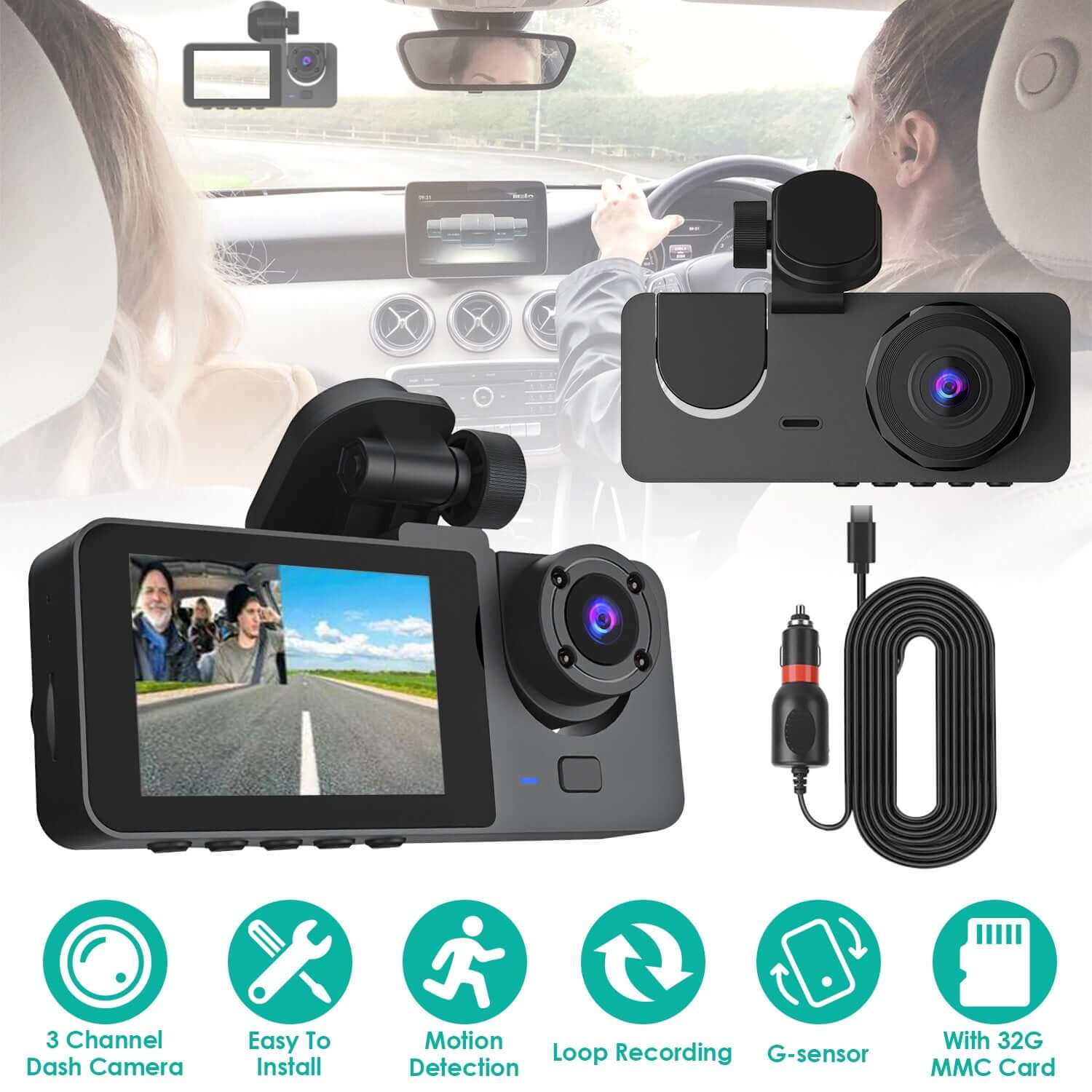 3-Channel 360° Dash Cam - 1080P Front, Interior & Rear Car Camera 3 Channel Dash Cam Front Inside Rear Veh | Ectron Online