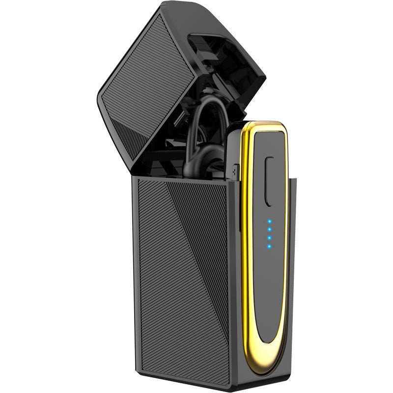 Business wireless Bluetooth headset in black charging dock with blue indicator