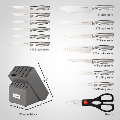 Knife set with multiple stainless blades, wooden block, and kitchen shears