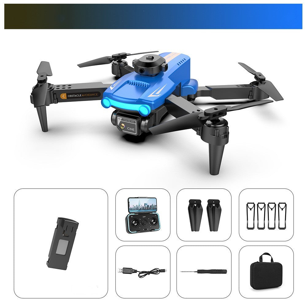 Blue-accent drone with glowing light bar, controller display, propeller set and case