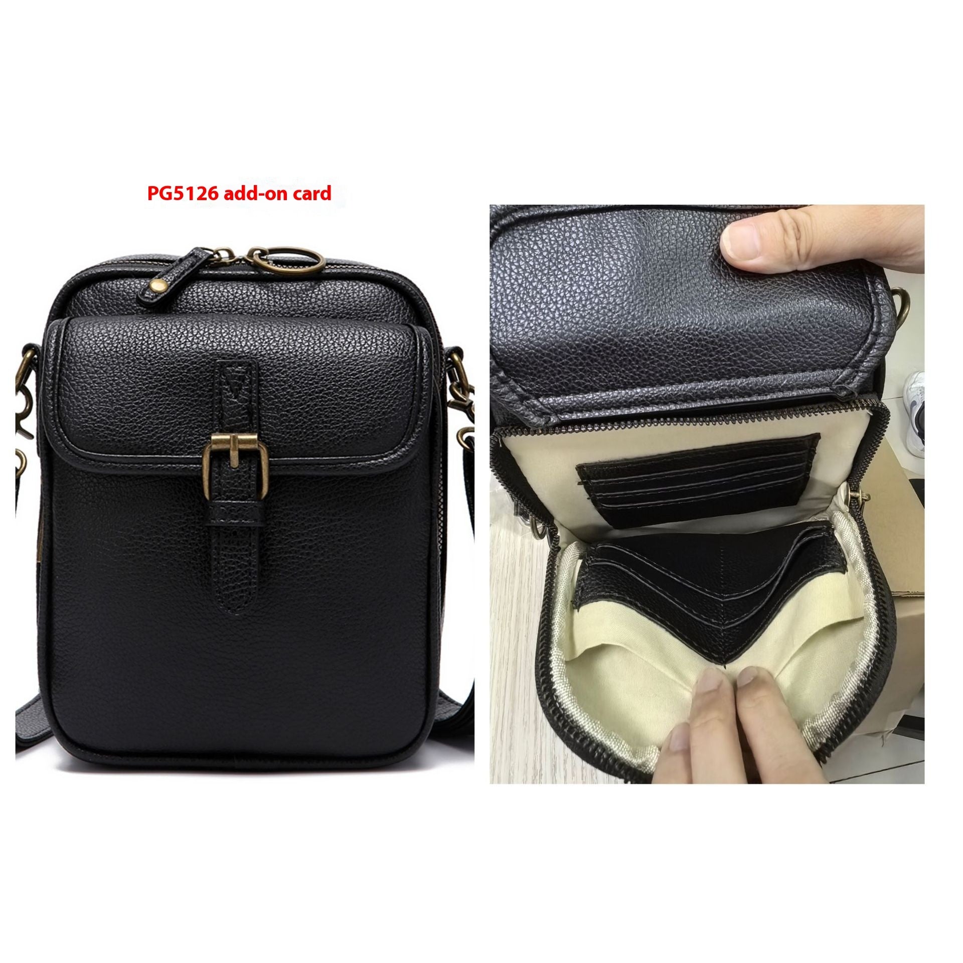 Black pebbled leather-look messenger bag with front flap and card slots inside