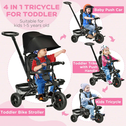 Kids 3-wheel tricycle stroller with black frame, reversible seat, and canopy.