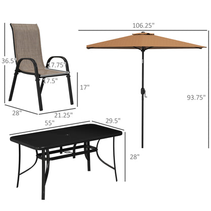 Patio dining set size diagram showing chair, umbrella, and table measurements.