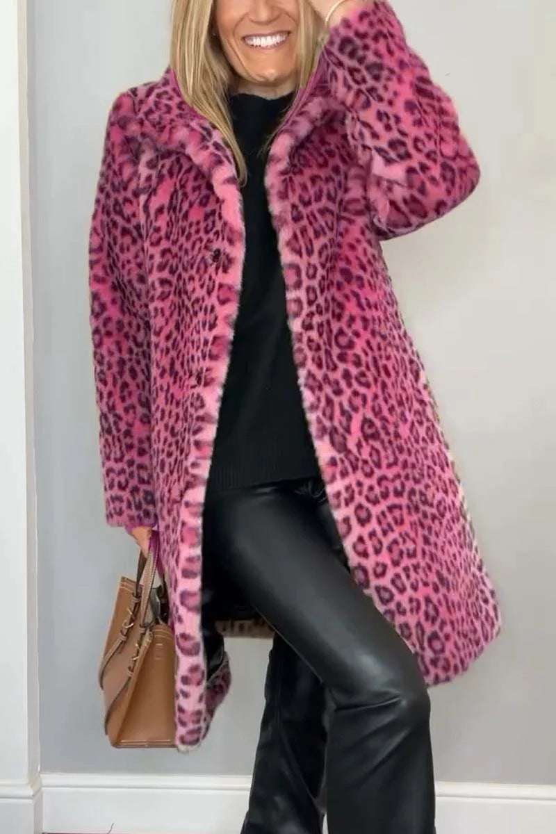 Cozy Leopard Print Mid-Length Coat Fall Winter Leopard Print Plush Mid-leng | Ectron Online