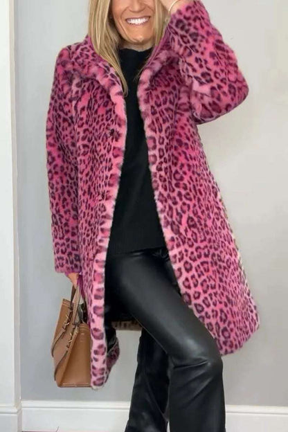 Cozy Leopard Print Mid-Length Coat Fall Winter Leopard Print Plush Mid-leng | Ectron Online
