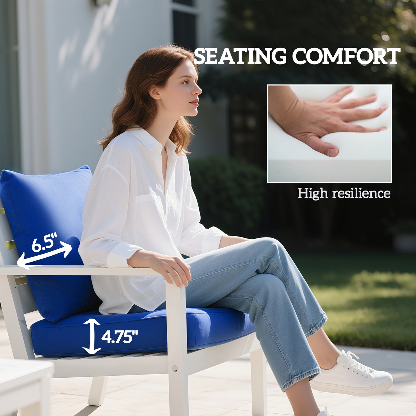 Navy blue patio chair cushion set with thick seat and back support on an outdoor chair
