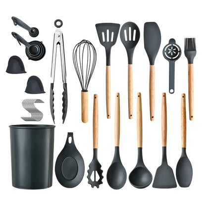 Kitchen utensil assortment with black silicone heads, light wood handles, and tools