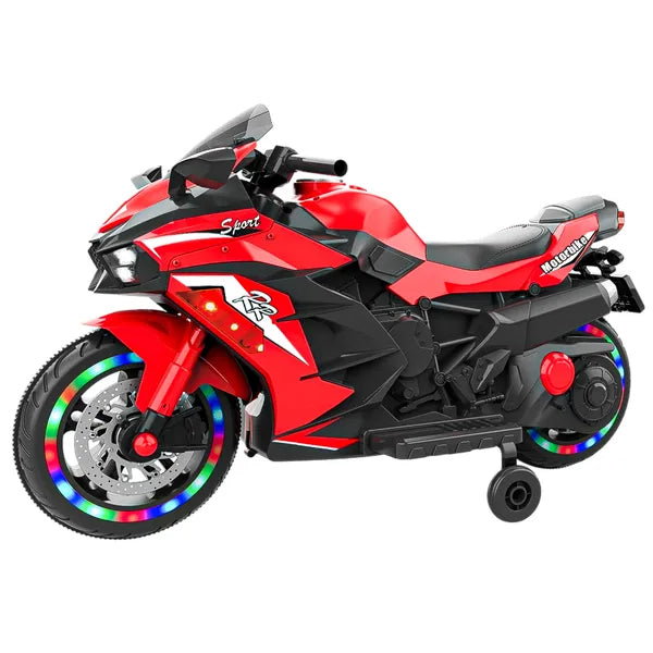 Red toy motorcycle with colorful wheels on a white background