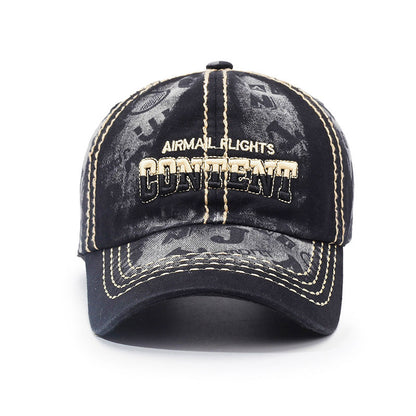 Washed black baseball cap with front logo patch and curved brim, stitched edges