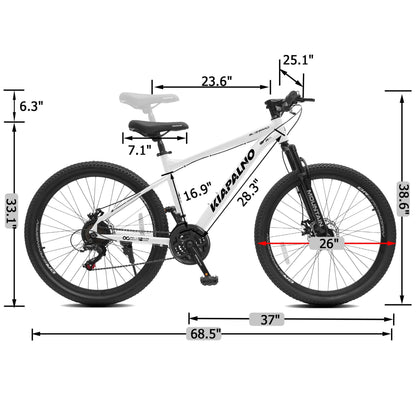 White mountain bike side view with labeled dimensions and 26 in wheel size